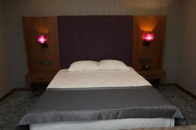 a bedroom with a bed with two pillows on it at BUSINESSPALAS DELUXE in Izmit