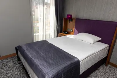 a bedroom with a large bed with a purple headboard at BUSINESSPALAS DELUXE in Izmit