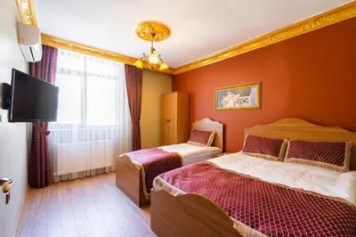a hotel room with two beds and a tv at The Ottoman Desing Suit in Istanbul