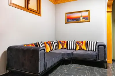 a leather couch with pillows on it in a room at The Ottoman Desing Suit in Istanbul