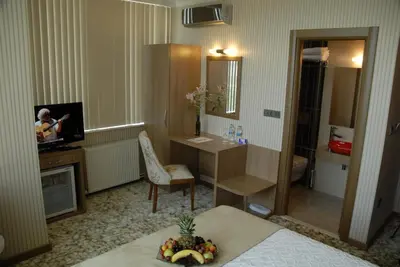 a hotel room with a television and a bed with a fruit at Lounge Hotel in Tuzla