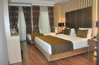 a hotel room with a large bed and a desk at Pell Palace Hotel & SPA in Istanbul