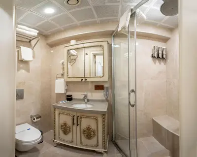 a bathroom with a shower and a sink and a toilet at Almadina Hotel Istanbul in Istanbul