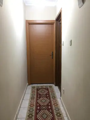 a hallway with a door and a rug at Yakup's Apartment in Istanbul