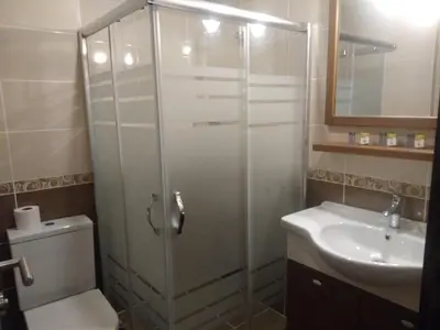 a bathroom with a shower and a toilet and a sink at Ribad Hotel Sultanahmet in Istanbul