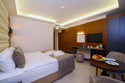a hotel room with a bed and a table with a bowl of fruit at My Dream Istanbul Hotel in Istanbul