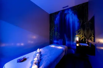 a blue bedroom with a bed and a blue room at Graziella Gold Hotel in Istanbul