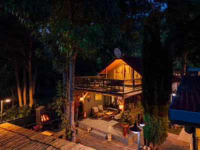 an overhead view of a house with a deck at antik river house in Sile