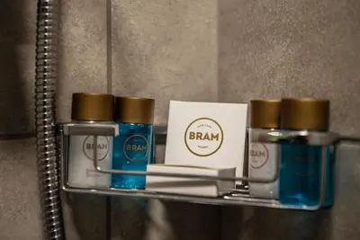 a shelf in a bathroom with a bunch of products at Bram Hotel Istanbul in Istanbul