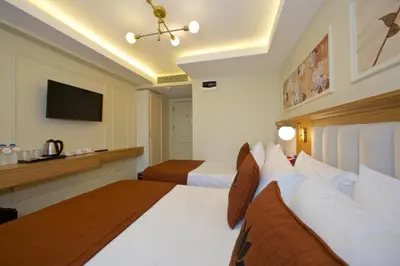 a hotel room with two beds and a flat screen tv at New Florenta Hotel in Istanbul