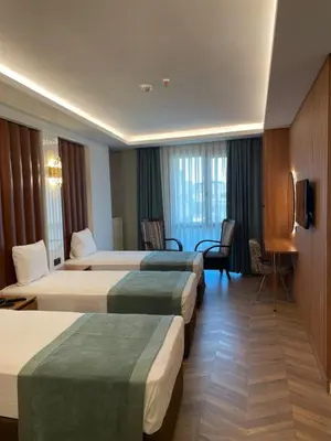 a hotel room with three beds and a television at Gumus Palace Hotel in Istanbul
