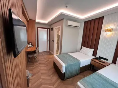 a hotel room with two beds and a flat screen tv at Gumus Palace Hotel in Istanbul