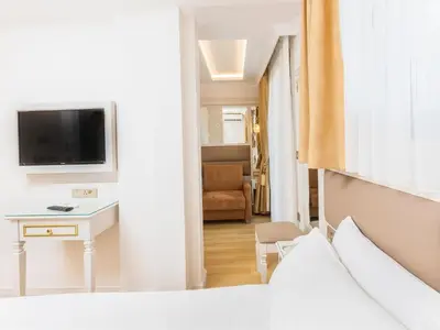 a bedroom with a bed and a desk and a television at City Hall Hotel Sultanahmet in Istanbul