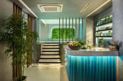 a hallway with blue walls and stairs with plants at Danis Hotel & Spa Istanbul - Old City in Istanbul