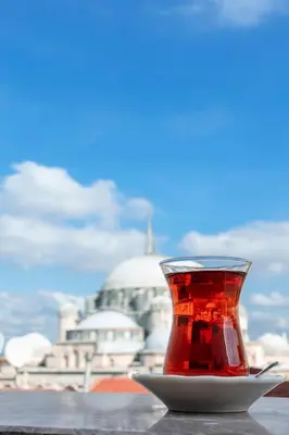 a red vase on a plate with a building in the background at Danis Hotel & Spa Istanbul - Old City in Istanbul