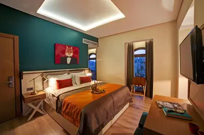 a hotel room with a bed and a flat screen tv at The Fox Hotel in Istanbul