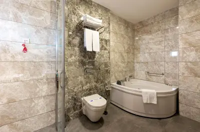 a bathroom with a tub and a toilet and a sink at Hotel Boursier 2 & Spa in Istanbul