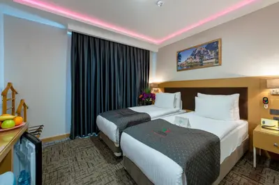 a hotel room with two beds and a television at Hotel Boursier 2 & Spa in Istanbul