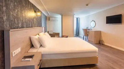a hotel room with a large bed and a desk at Marina Park Hotel in Istanbul
