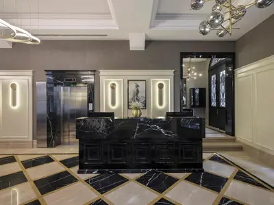 a lobby with a large black altar in a building at Azzap Hotel Galata in Istanbul