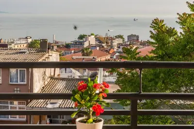 a view of a city from a balcony with a plant at Istanbul Amedros Home in Istanbul