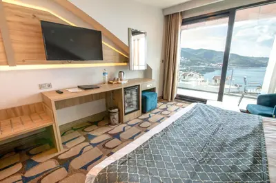 a hotel room with a bed and a tv at BLUE MUDANYA HOTEL in Bursa