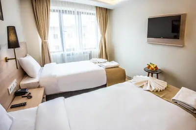 a hotel room with two beds and a tv at Royal Bosphorus Hotel & SPA Hamam in Istanbul
