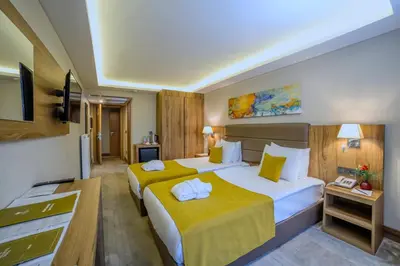 a hotel room with two beds and a television at Royal Termal Hotel in Bursa