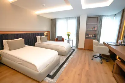 a hotel room with two beds and a desk at Vital Hotel Fulya Istanbul Sisli in Istanbul
