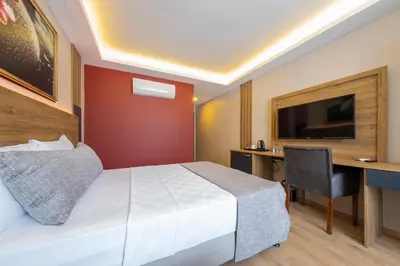 a hotel room with a bed and a desk and a television at RUSH HOTEL İSTANBUL in Istanbul