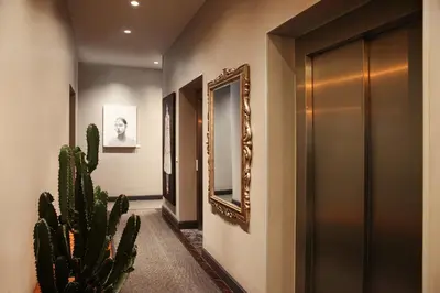 a hallway with a mirror and a cactus at 39 Kalamış Marina Hotel & Restaurant in Istanbul