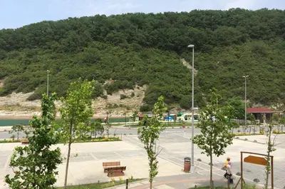 a parking lot with trees in front of a mountain at Ağva Piassa Otel in Agva