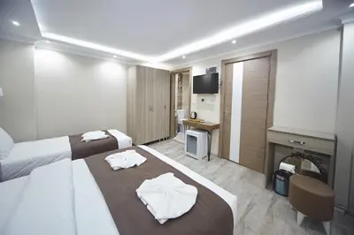 a hotel room with two beds and a fireplace at Luna Suites Taksim in Istanbul