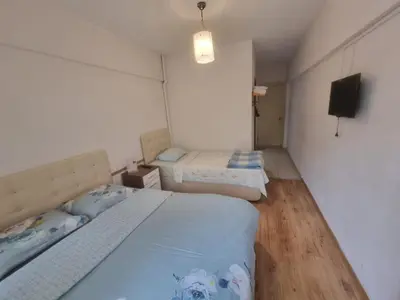 a bedroom with two beds and a flat screen tv at Thermal Orkide Pansiyon in Yalova