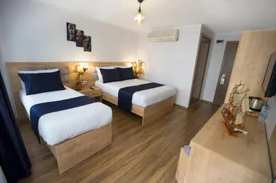 a hotel room with two beds and a television at Golden Street Hotel in Istanbul