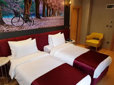 two beds in a hotel room with a bike on the wall at My Garden Hotel in Istanbul