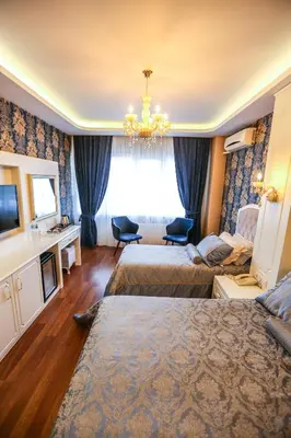 a hotel room with two beds and a television at Thermal Saray Hotel & Yalova in Gokcedere