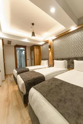 a row of four beds in a hotel room at World Heritage Center Hotel in Istanbul