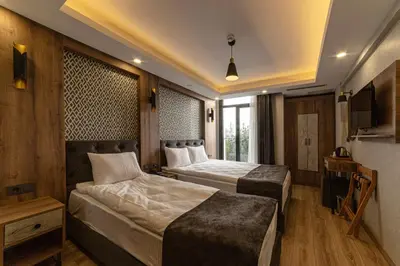 a hotel room with two beds and a television at World Heritage Center Hotel in Istanbul