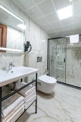 a bathroom with a sink and a toilet and a shower at World Heritage Center Hotel in Istanbul