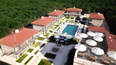 an aerial view of a house with a swimming pool at İğneada Hotel Rezve in Kırklareli