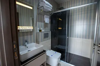 a bathroom with a sink and a toilet and a shower at THE GREEN HOTEL in Istanbul