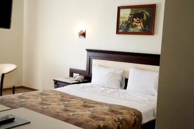 a hotel room with a bed and a picture on the wall at Kumburgaz Blue World Hotel in Buyukcekmece