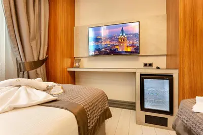 a hotel room with a flat screen tv above a fireplace at Santra Hotel in Istanbul