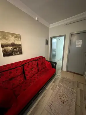a red couch in a living room with a painting at AWWA APART HOTEL in Istanbul