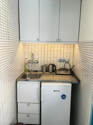 a small kitchen with a sink and a refrigerator at Blue Apartment in Istanbul