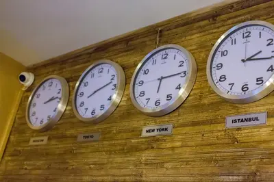 a row of clocks on a wall at Galapera Hotel in Istanbul
