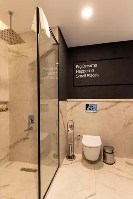 a bathroom with a shower and a toilet at Hotel Bonvie in Sakarya
