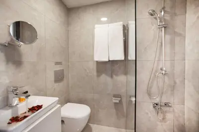 a bathroom with a shower and a toilet and a sink at Duo Galata Hotel in Istanbul