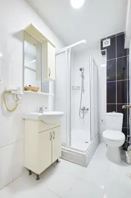 a white bathroom with a shower and a toilet at Central Suites Taksim in Istanbul